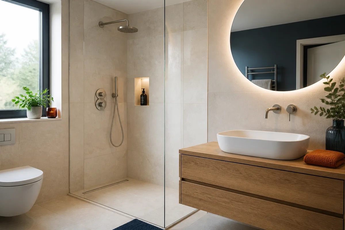 Modern saniertes Badezimmer mit bodengleicher Dusche, rundem beleuchtetem Spiegel und Waschtisch aus Holz