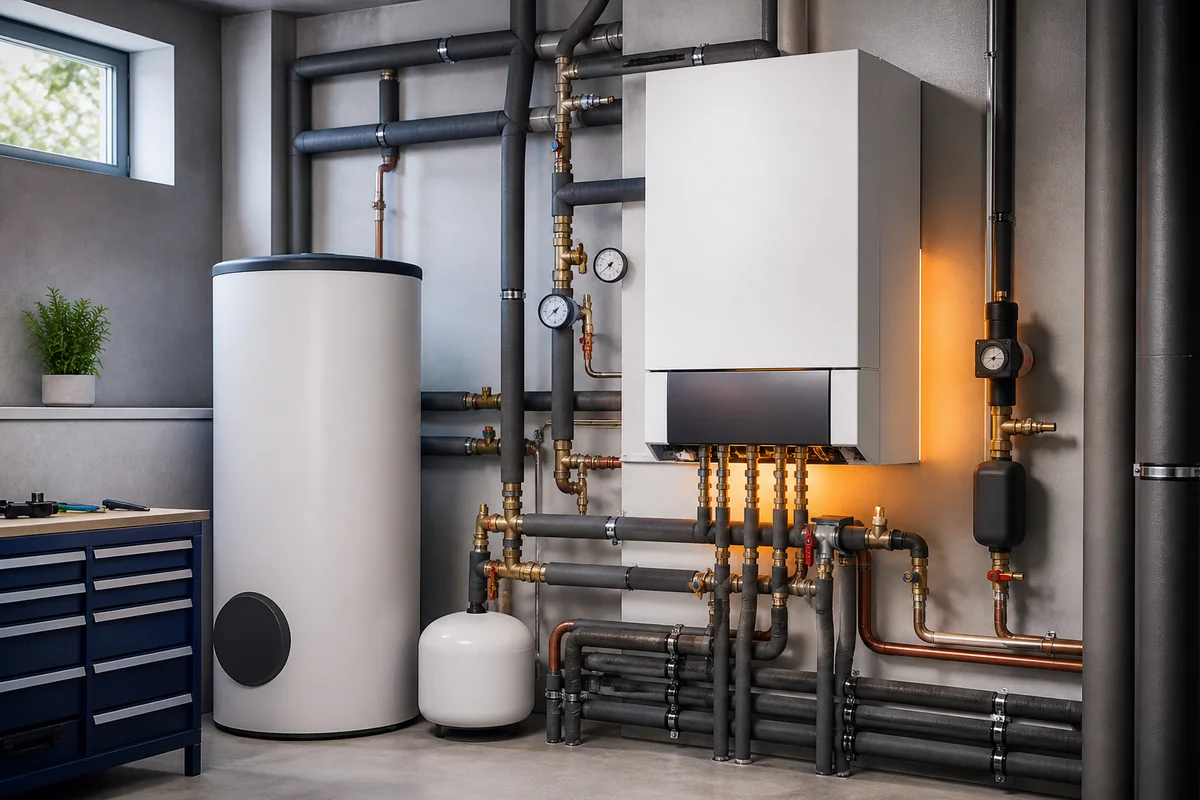Moderner Heizungsraum mit Warmwasserspeicher, Wärmeerzeuger und sauber verlegten Leitungen
